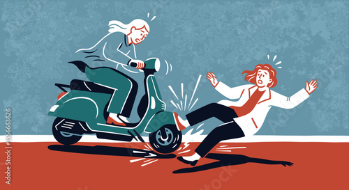 Woman on scooter colliding with pedestrian falling to the ground in shock  