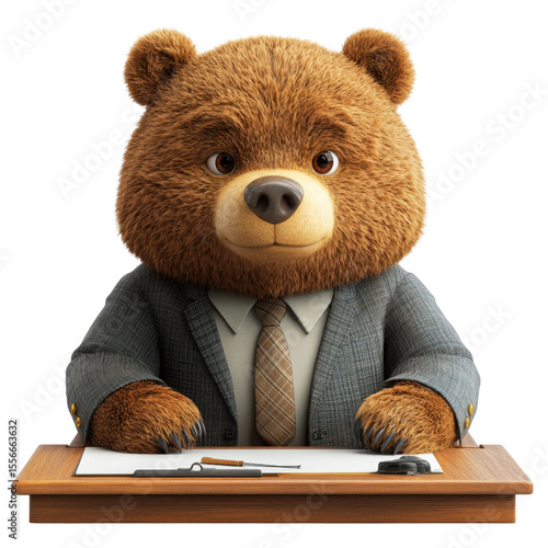 Cartoon Bear in Suit Sitting at Desk with Paper and Pen