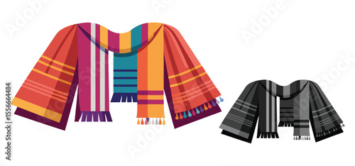 Colorful vector illustration of decorative warm scarves in a flat design on a white background with a grayscale version