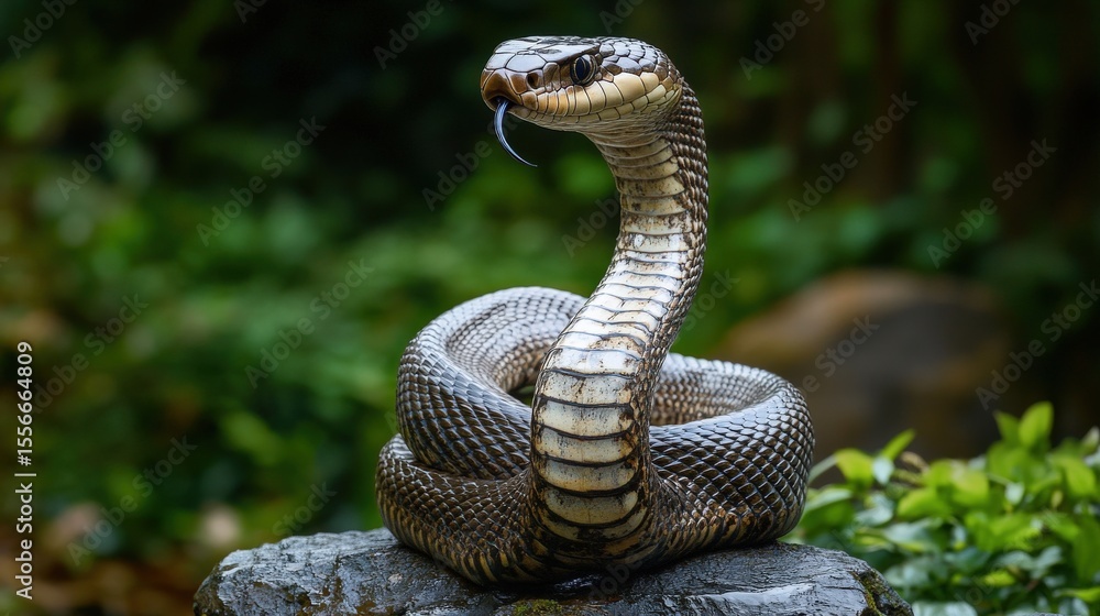 Fototapeta premium A coiled snake with a long tongue on a textured rock
