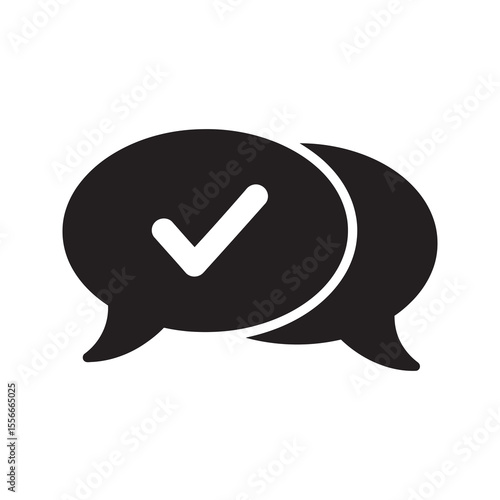 Approved chat solid glyph icon with two speech bubbles and check marks for successful communication and verified discussion forum comment vector
