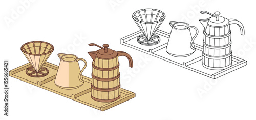 Illustrated coffee brewing equipment featuring a coffee dripper pitcher and coffee maker on wooden trays perfect for any cafe.