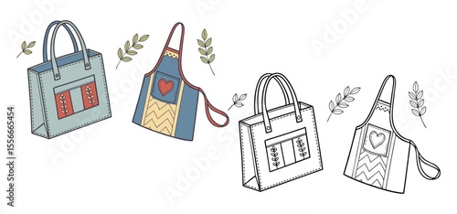 Illustrated hand-drawn tote bags and aprons with decorative leaf elements in a simple flat design illustration