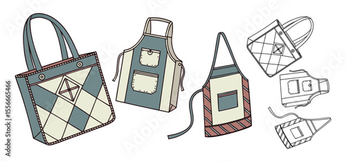 Illustrated collection of various handmade tote bags and aprons with decorative designs and contrasting patterns in a simple style