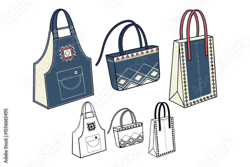 Illustrated set of various stylish tote bags and aprons with ethnic geometric designs displayed on a white background.