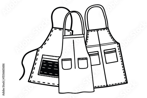 Three monochrome aprons with pockets in black and white representing cooking baking or culinary arts concepts