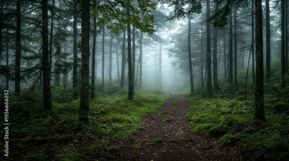 Obraz premium Misty forest path cuts through lush green undergrowth