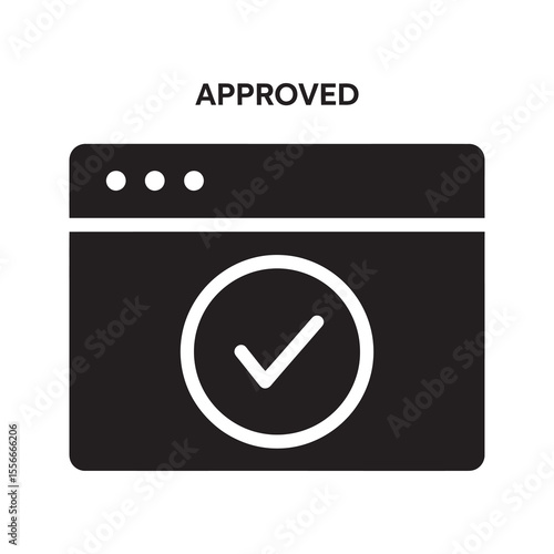 Online approval solid glyph icon with browser window and check mark for successful form submission and verified transaction on website vector