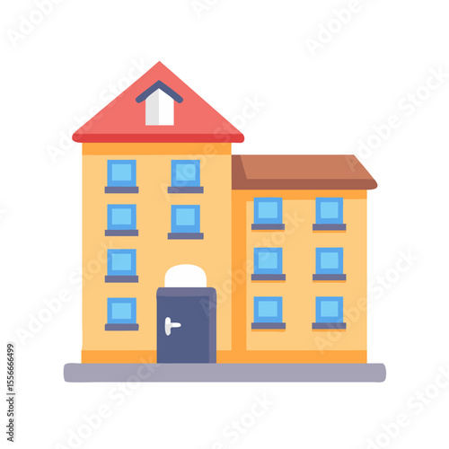 Stylized cartoon building with multiple windows and colored roof on black background