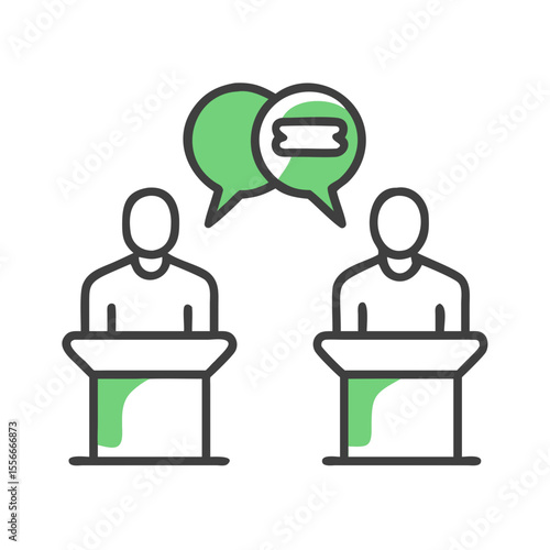 Debate Illustration Showing Two Speakers with Contrasting Opinions in Speech Bubbles