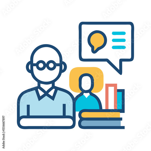 Professor teaching student icon with chat bubble and books on a black background
