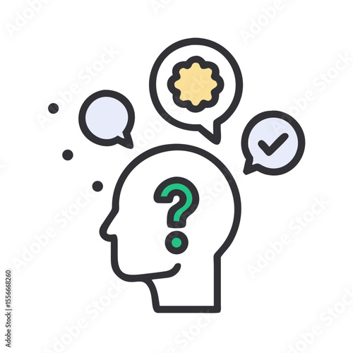 Conceptual design representing problem-solving and solutions with head silhouette, question mark and diverse thought bubbles