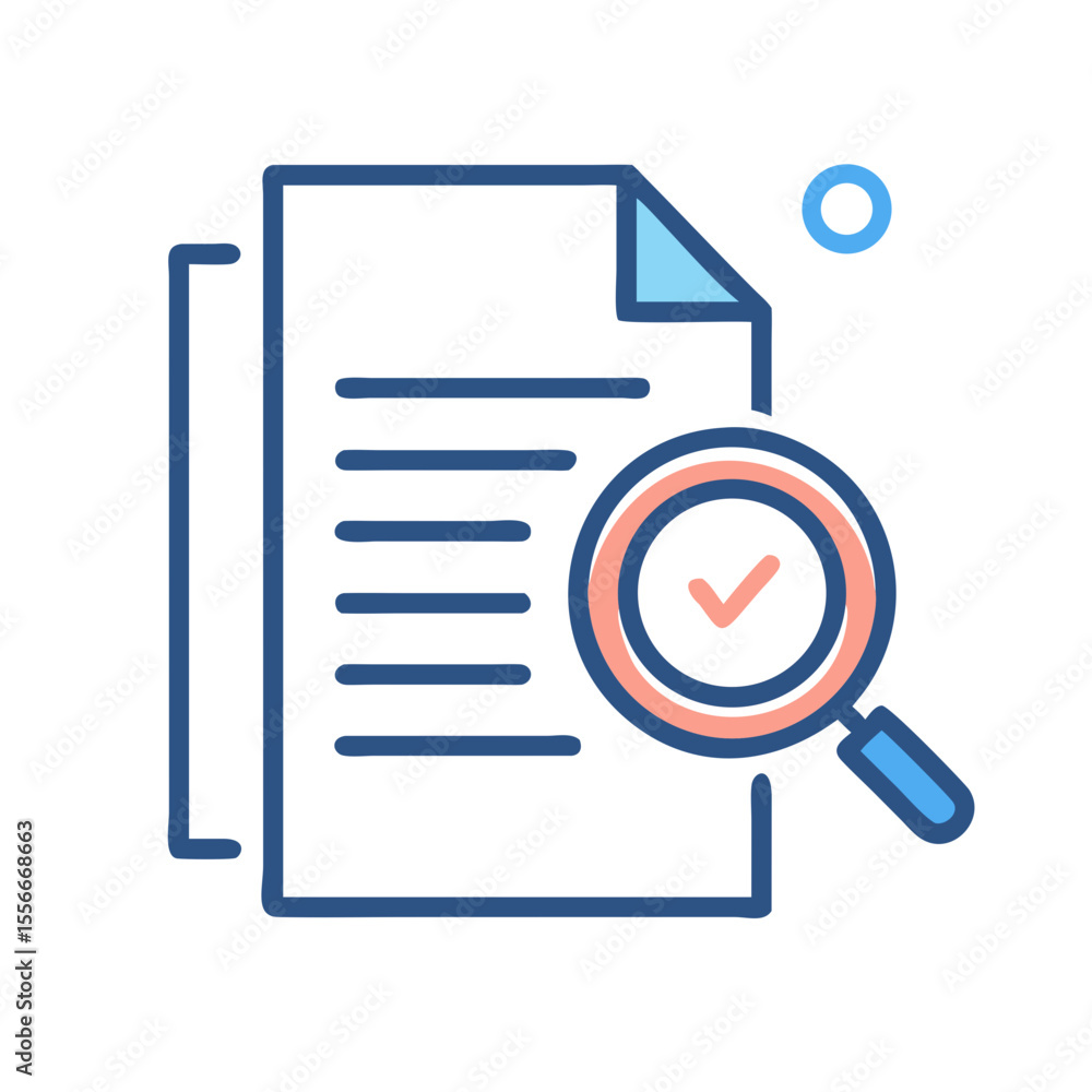 Document Review with Magnifying Glass and Checkmark Icon, Verification and Confirmation Document Review with Magnifying Glass and Checkmark Icon, Verification and Confirmation