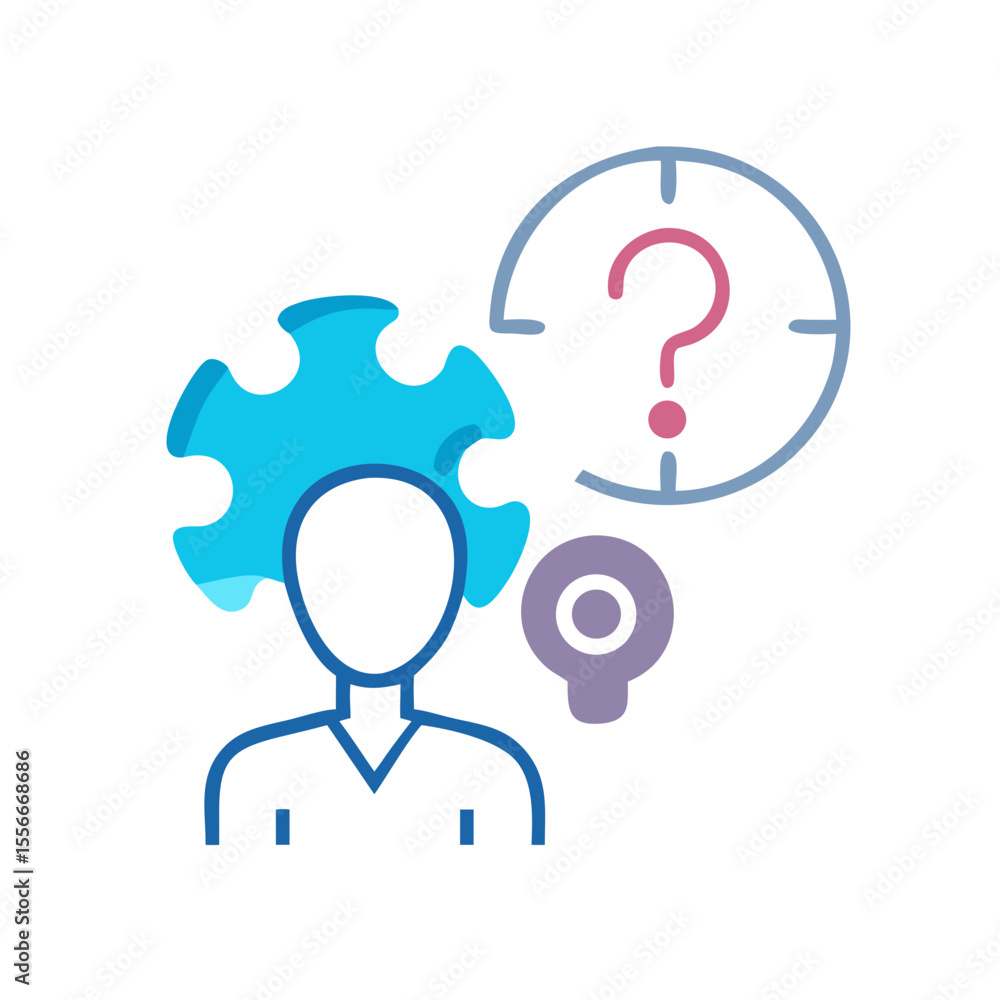 Problem-solving avatar with gear head, searchlight icon and question mark in target symbol. Problem-solving avatar with gear head, searchlight icon and question mark in target symbol.