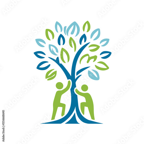 Simple line art vector logo of a green tree with blue trunk and two people helping each other on isolated white background, featuring light blue-edged leaves.