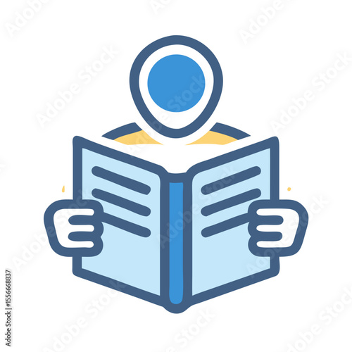 Stylized illustration of a person reading an open book against a solid black background