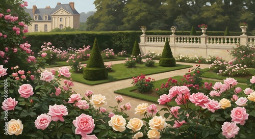 Rose Garden at Chateau, manicured lawns, topiary trees, and pale pink and yellow roses