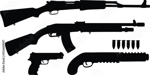 Various Firearm Silhouettes with Bullets Vector Set