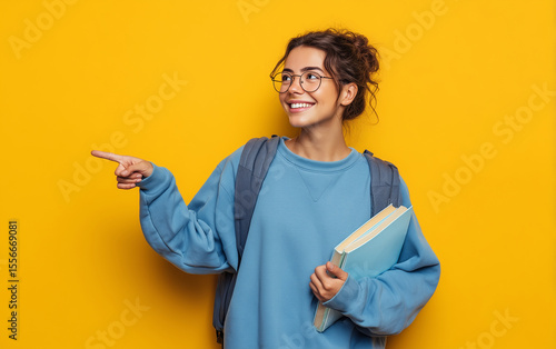 A happy young woman wearing a blue sweatshirt and yellow pants, with glasses and short, curly brown hair, is standing against a wall and smiling while pointing to her right side. 