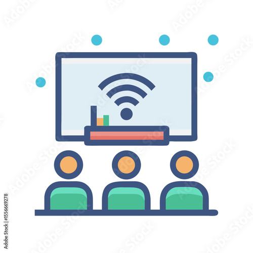Conference room presentation featuring a wireless symbol and a group of attendees