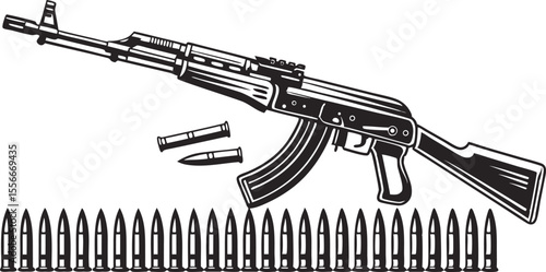 AK-47 Assault Rifle with Bullets Vector Illustration