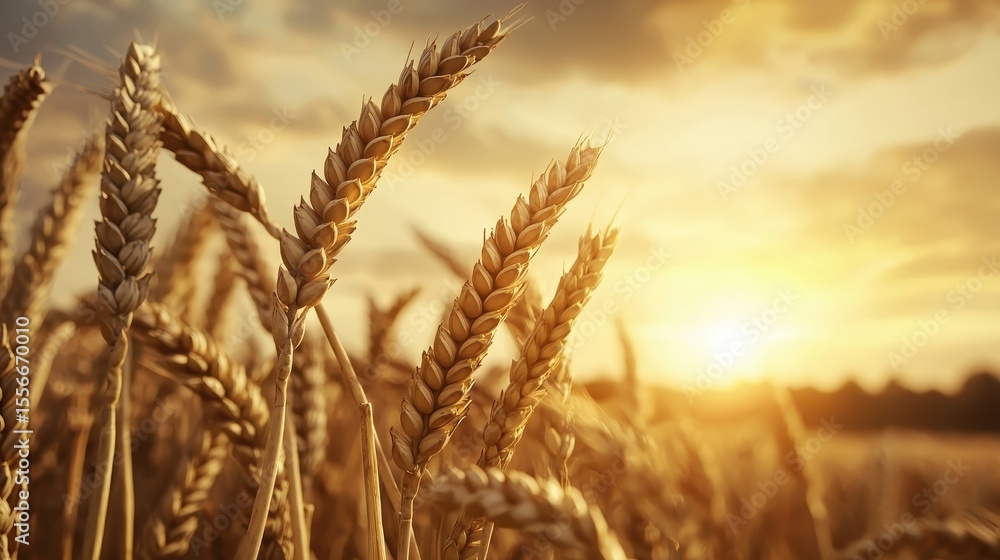 Fototapeta premium Golden Wheat Field at Sunset with Sunlight Shining Through Crops Under Dramatic Clouds in a Serene Rural Landscape Scene