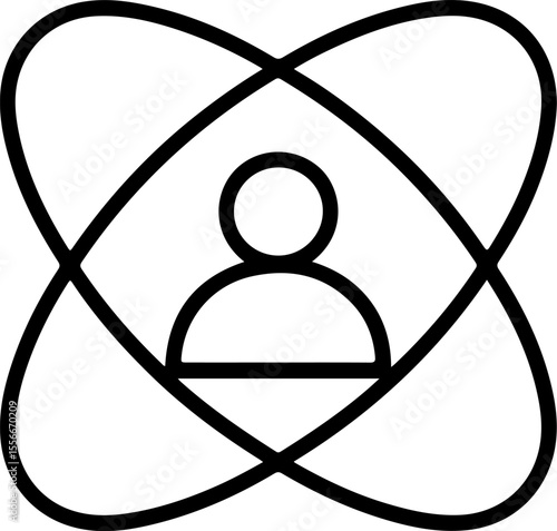 Abstract human figure icon surrounded by orbiting elliptical lines representing connection or network