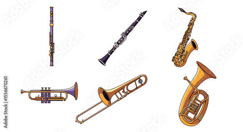 Illustration showcasing a variety of musical instruments including wind and brass instruments ensemble view