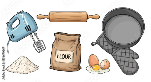Illustration of baking ingredients and tools including mixer flour eggs and baking pan on white