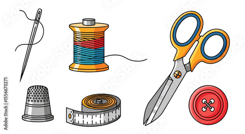 Illustration of sewing kit items including needle thread spool scissors thimble tape and button isolated