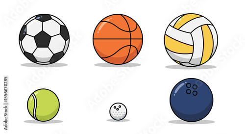 Collection of various sports balls including a soccer ball basketball volleyball tennis golf and bowling ball