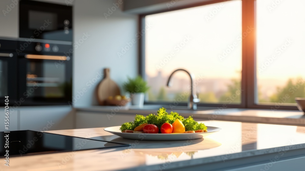 Minimalist kitchen preparing healthy customized meal Minimalist kitchen preparing healthy customized meal