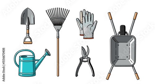 Illustration of garden tools including a shovel rake gloves watering can pruners and wheelbarrow