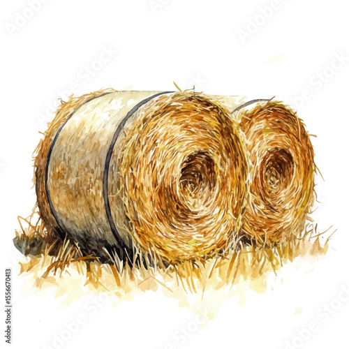 Scenic Farm Hay Bales, watercolor vector, isolated on a white background.