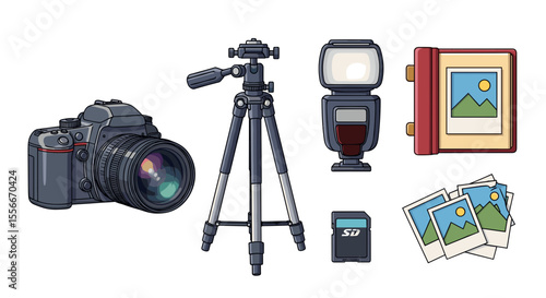 Illustration of a camera with a tripod flash memory card album and several printed photographs around it