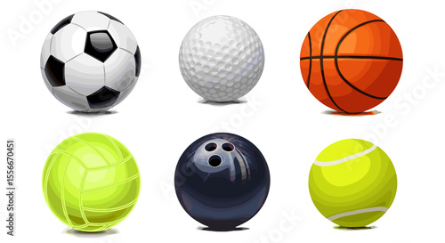 Illustration of six different sports balls including soccer golf basketball and bowling ball style eggs