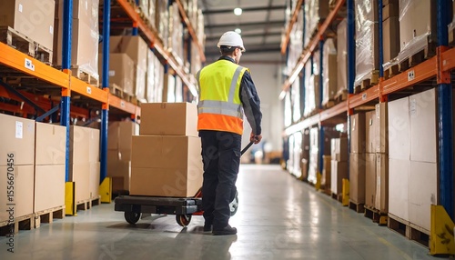 Warehouse worker pushing cart