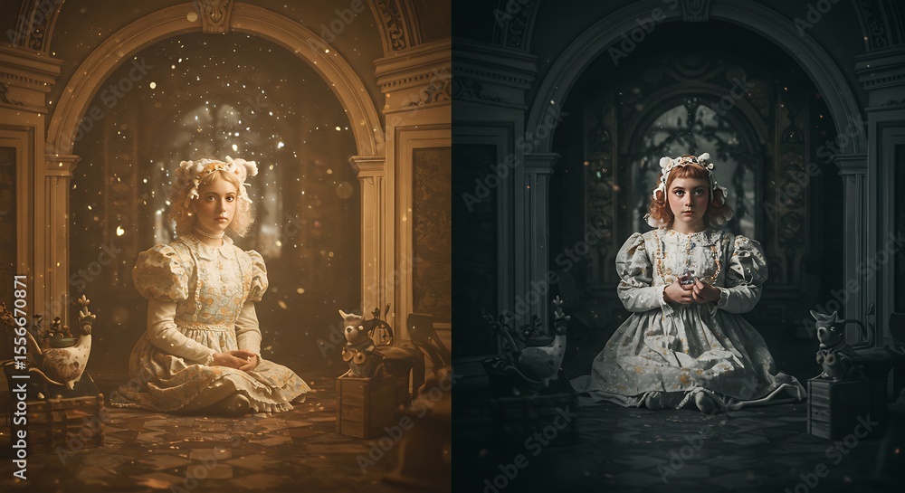 Fototapeta premium Contrasting Realities A Young Woman in Warm and Cool Settings, Exploring Light and Shadow in an Architectural Space