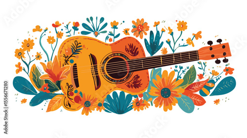 Day of the Dead Mexican Guitar Flat Vector Illustration