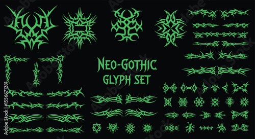Neo-Gothic Glyph Set. Cyber Tribal Tattoo. Y2K vector graphics with sharp dividers, frames, and symbols for t-shirts, posters, or music album art.