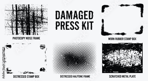 Damaged Press Kit. Grunge Texture Frames. Vector set with photocopy noise, halftone, and scratched metal overlays for vintage and retro photo effects.