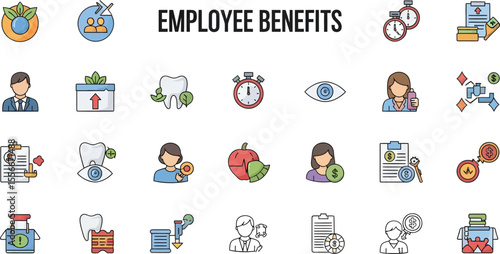 Employee Benefits Icon Set: Health, Retirement & Perks