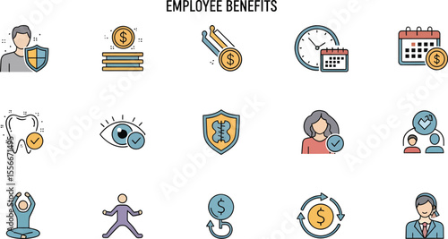 Employee Benefits Icon Set: Health, Retirement & Perks