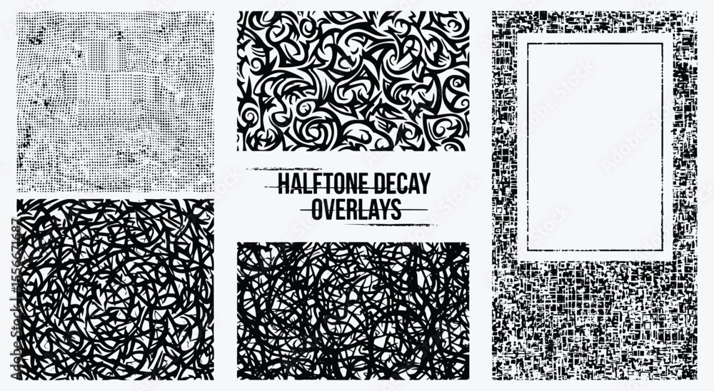 Halftone Decay Overlays. Grunge Texture Set. Abstract vector backgrounds with scribble, swirl, and dot patterns for posters, zines, or retro designs.