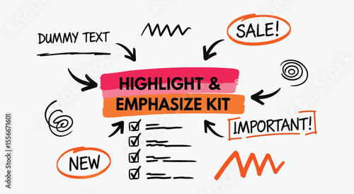Highlight & Emphasize Kit. Marker Doodle Set. Hand drawn vector elements with arrows, circles, and underlines for marketing, presentations, or study.