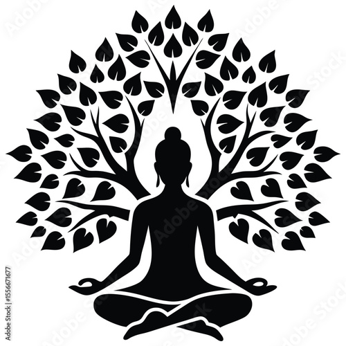 Serene Buddha Silhouette Meditating Within Bodhi Tree: Black and White Vector Graphic Illustration
