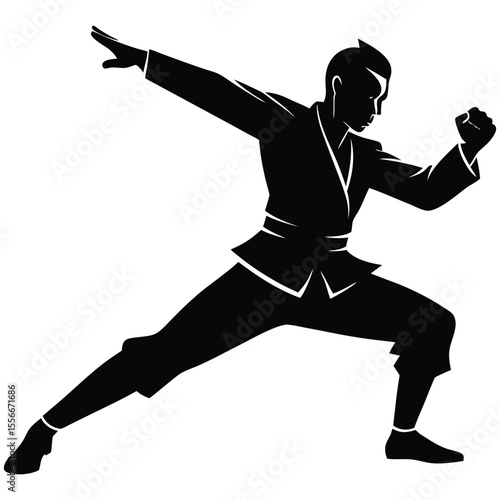Martial Arts Silhouette: Powerful, Dynamic, Black and White Vector Illustration of a Male Wushu Practitioner in a Fighting Stance