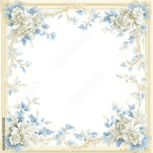 Elegant floral frame with cream and light blue peonies
