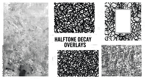 Halftone Decay Overlays. Grunge Texture Set. Abstract vector backgrounds with scribble, dot, and chaotic patterns for posters or retro photo effects.