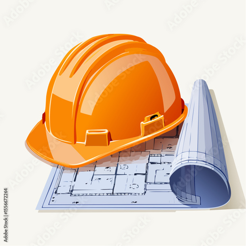 A safety helmet resting on blueprints
